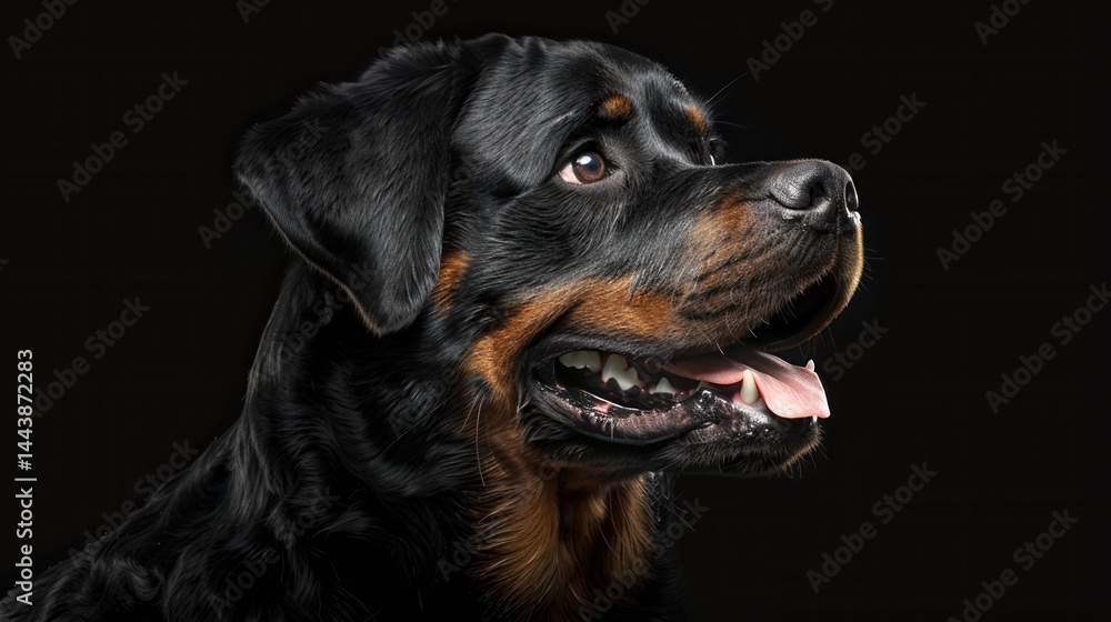 Fototapeta premium Studio lit rottweiler showing teeth, black backdrop, professional guard dog portrait with noise effect.