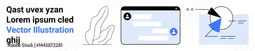 Messaging app interface with text bubbles, analytic pie chart with segments and lines, minimalistic leaf outline. Ideal for communication, analytics, technology, teamwork, creativity, education