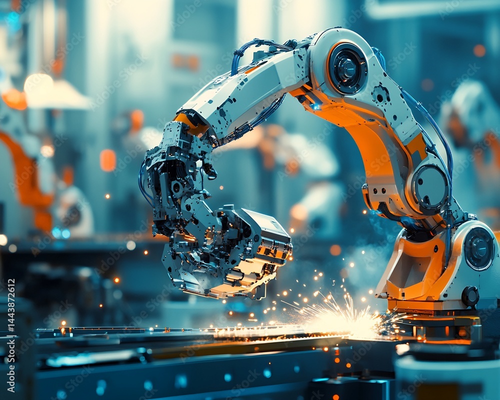 Robotic Arm Welding in Industrial Factory Setting