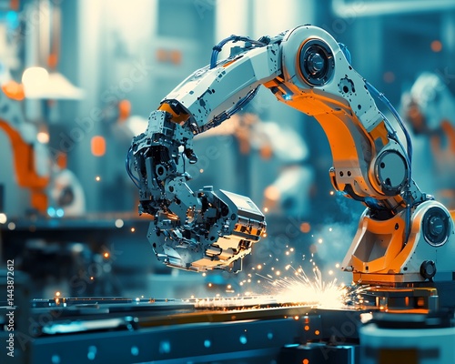Obraz na płótnie Robotic Arm Welding in Industrial Factory Setting w salonie