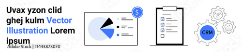 Pie chart with sections, tablet displaying checklist, gear icons surrounding CRM. Ideal for analytics, productivity, team management, business tools, workflow, CRM systems simple landing page
