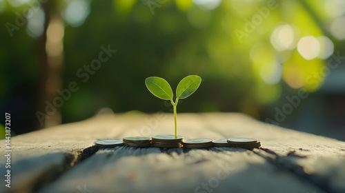 Seedling Plant Emerging from Stacked Coins on Wood Surface
