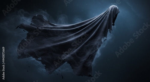 A shrouded figure floating in the dark with a tattered cloak and mysterious ominous atmosphere around it