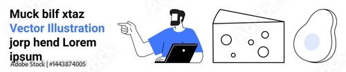 Man using a laptop and gesturing to abstract food icons including a cheese block and avocado slice. Ideal for tech education, food industries, e-learning, healthy lifestyle, modernity, teamwork, flat
