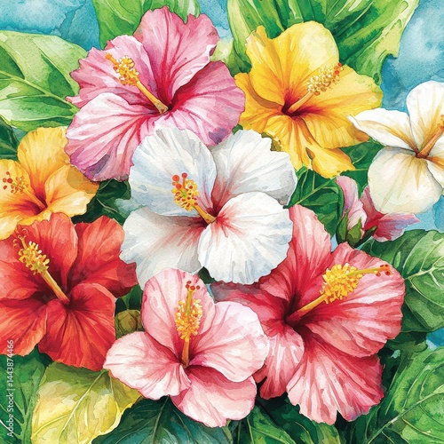 Wallpaper Mural Vibrant Hibiscus Flowers Watercolor Painting Torontodigital.ca