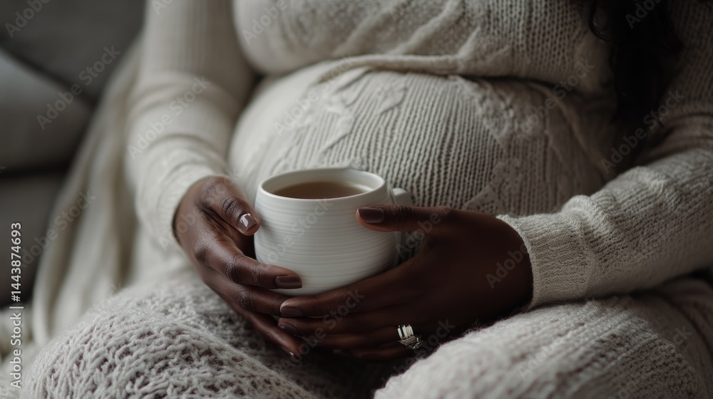 Close-up of a pregnant woman's hands holding a white cup of tea, generative ai Close-up of a pregnant woman's hands holding a white cup of tea, generative ai