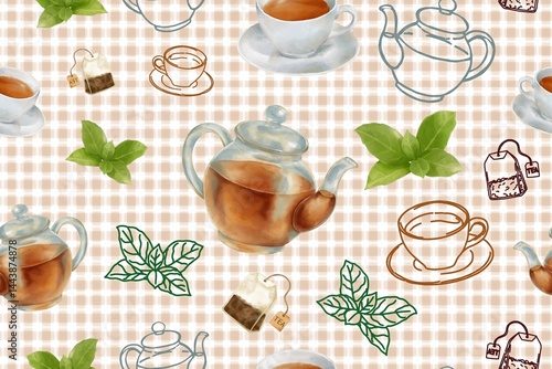 A seamless tea time pattern with teapots, teacups, tea leaves, and tea bags on a beige simple gingham background, elegant and cozy for any tea lover, fabric and paper print.