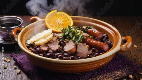 This delicious meal features beef stew with fresh vegetables alongside gourmet lamb chops with herbs and spices, suggesting a hearty and healthy dinner. Feijoada.