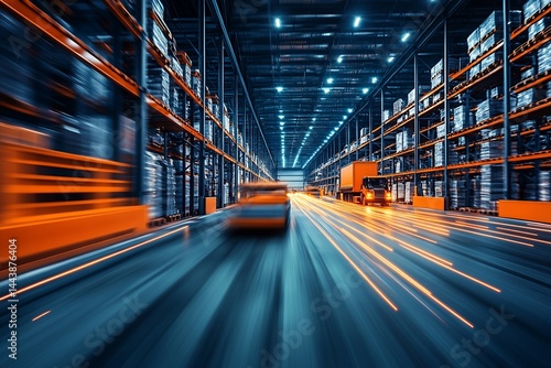 Obraz na płótnie Warehouse Interior with Moving Vehicles and High-Bay Racking w salonie