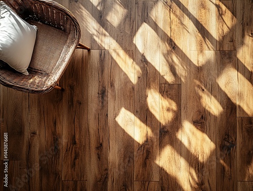 Wicker Chair and Wood Laminate Flooring with Sunlight Shadows