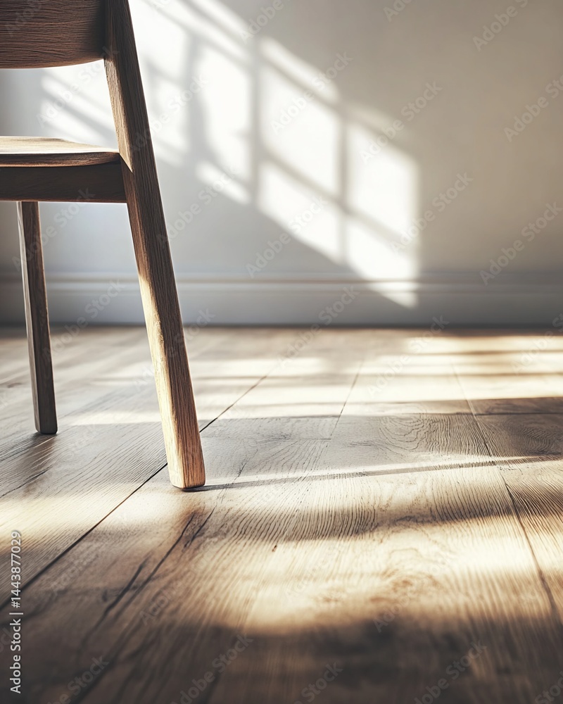 Wooden Chair Leg and Hardwood Floor with Sunlight Shadows