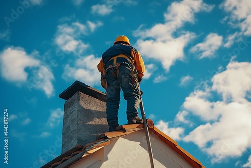 Worker on Residential Roof near Chimney