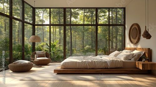 Modern Zen bedroom with forest views