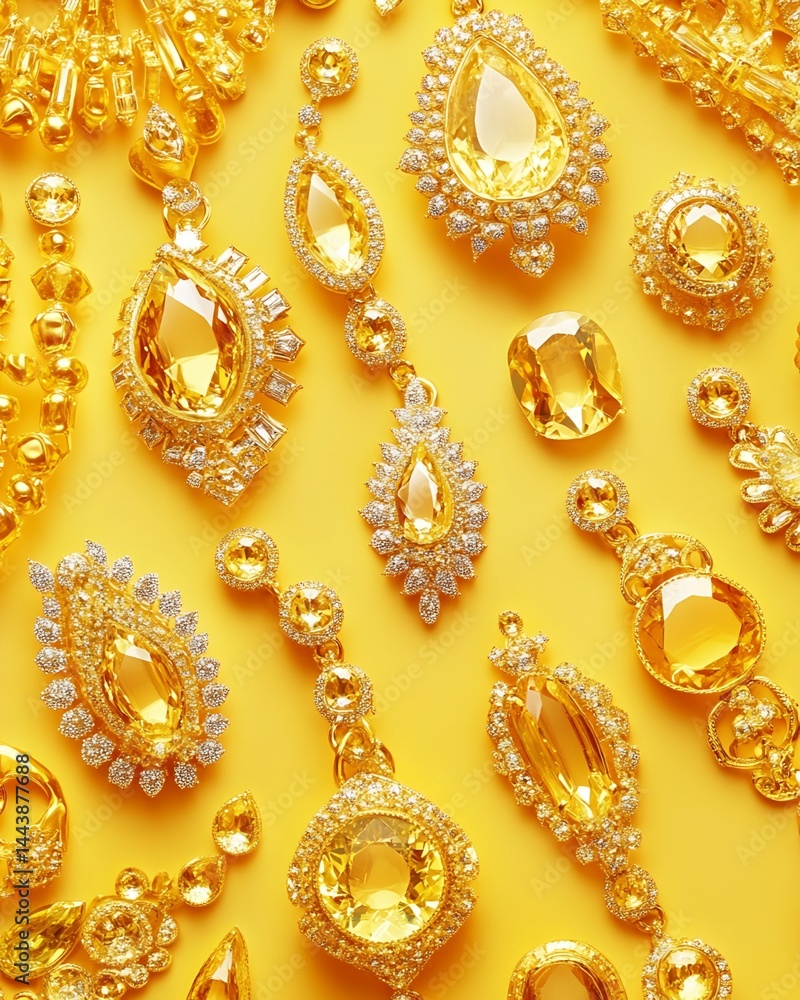 Yellow Gemstone Jewelry Collection on Yellow Background