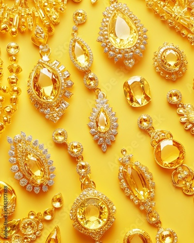 Obraz na płótnie Yellow Gemstone Jewelry Collection on Yellow Background w salonie