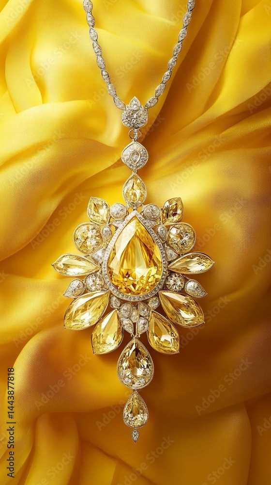 Yellow Gold and Diamond Necklace with Pear-Shaped Center Stone