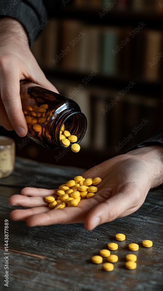 Yellow Pills Being Poured from Amber Bottle onto Hand