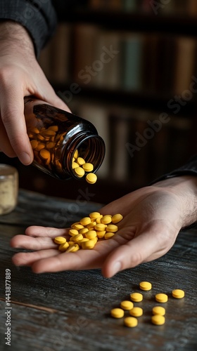 Obraz na płótnie Yellow Pills Being Poured from Amber Bottle onto Hand w salonie