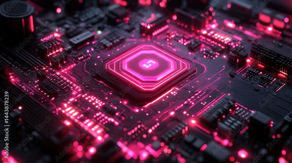 Neon Glow: Close-Up of a Futuristic Circuit Board Neon Glow: Close-Up of a Futuristic Circuit Board