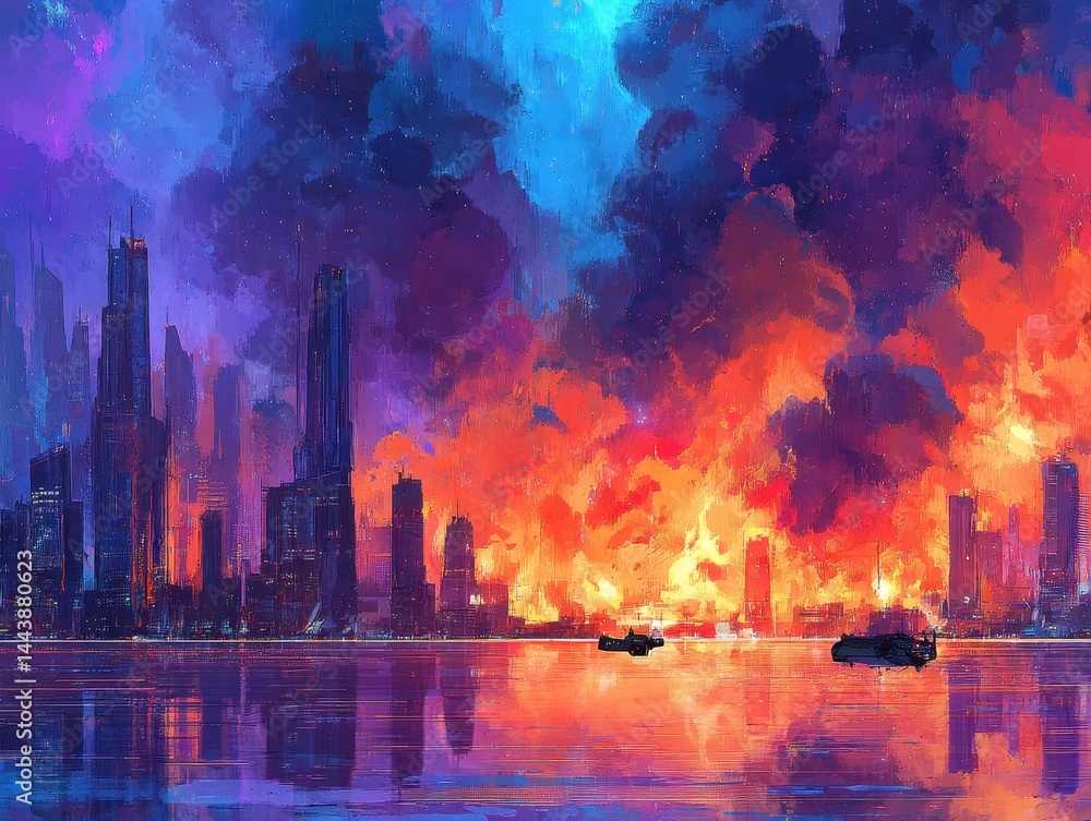 Fototapeta premium Vibrant cityscape engulfed in fiery blaze, reflected in water.