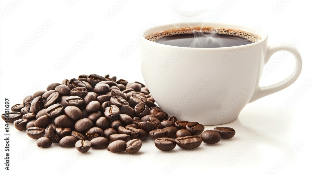 Fototapeta premium Coffee beans forming a heart shape next to a steaming cup of coffee, isolated on white generative ai