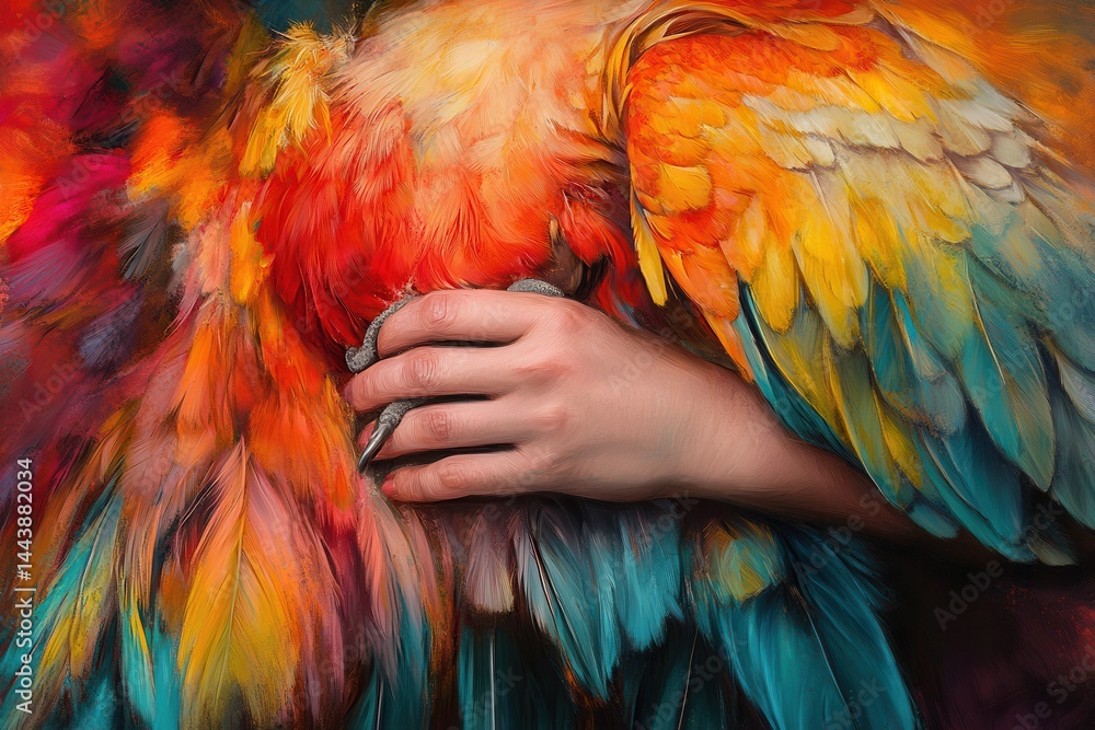 Obraz premium Vibrant parrot being gently held by a hand, showcasing colorful feathers against a blurred background