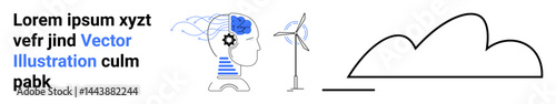 Human head with brain and gear, wind turbine, and abstract shapes highlight technology, renewable energy, sustainability, and innovation. Ideal for AI, climate, learning energy automation