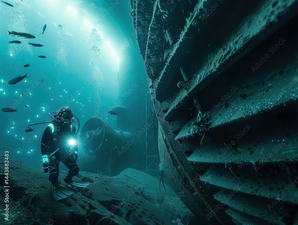 Underwater turbine maintenance technician in advanced diving suit, bioluminescent lighting, schools of fish swim nearby blur. Underwater turbine maintenance technician in advanced diving suit, bioluminescent lighting, schools of fish swim nearby blur.