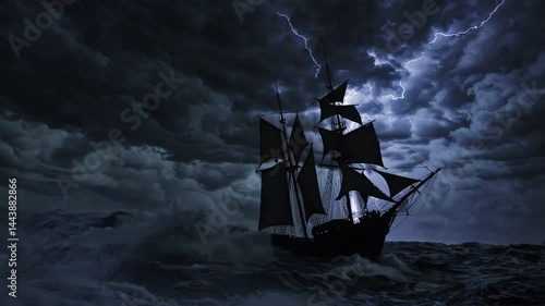 Old sailing pirate ship crossing the open ocean during intense lightning storm at night, symbol of nautical danger, extreme sea travel, and historical exploration under violent weather