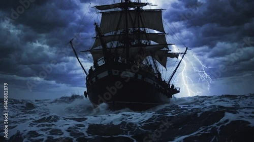 Silhouette of a pirate sailing ship in a violent ocean storm at night with lightning striking in background, symbolizing danger, maritime power, and nautical survival in extreme weather