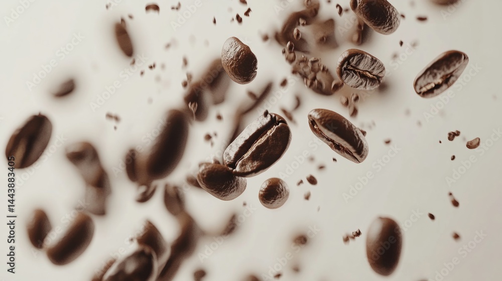 Coffee beans in motion, flying randomly against clean white background, artistic breakfast energy generative ai Coffee beans in motion, flying randomly against clean white background, artistic breakfast energy generative ai