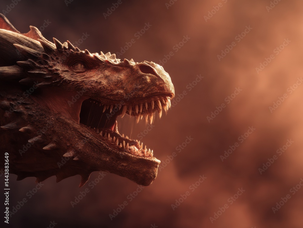 Obraz premium Fierce dragon head portrait against a dramatic backdrop.
