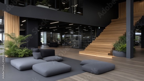Modern, open-plan office interior with a blend of dark tones and natural elements.  Features a comfortable lounge area, wooden staircase, and lush greenery