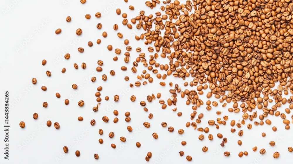 Naklejka premium Coffee beans scattered on a white background, minimal studio lighting generative ai