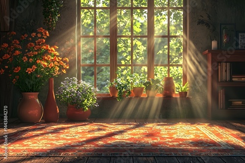 The indoor light and shadow with sunlight shining on the carpet