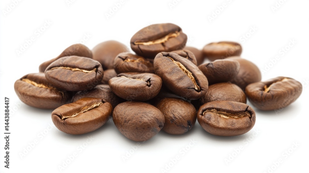 Coffee beans scattered on a white background, minimal studio lighting generative ai Coffee beans scattered on a white background, minimal studio lighting generative ai