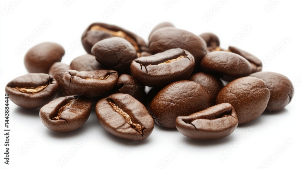 Coffee beans scattered on a white background, minimal studio lighting generative ai Coffee beans scattered on a white background, minimal studio lighting generative ai