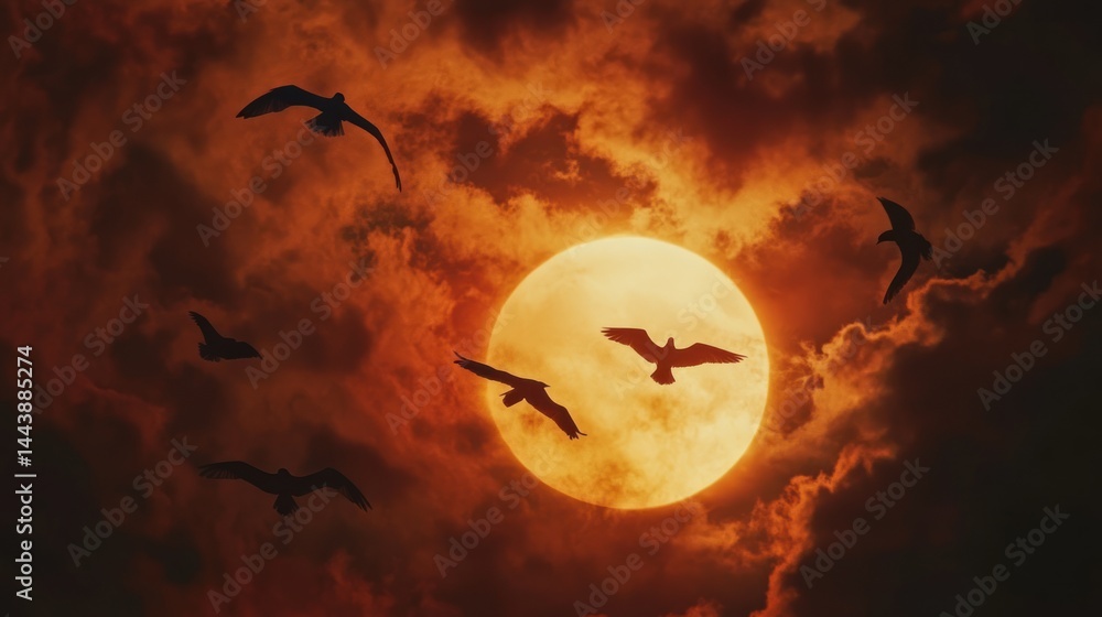 Crimson moon, birds flying in a dramatic sky Crimson moon, birds flying in a dramatic sky