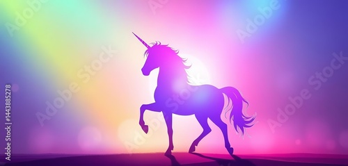 Mystical unicorn silhouette against vibrant rainbow mesh fantasy gradient, unicorn, light