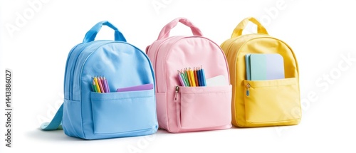 Pastel Colored Mini Backpacks with School Supplies on White Background