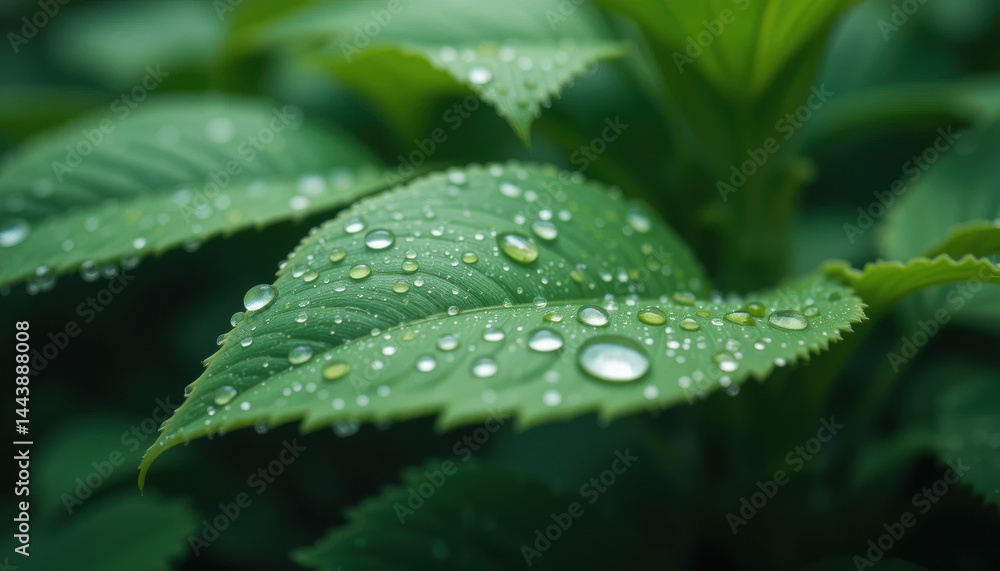 Lush green leaves adorned with droplets of water create refreshing and vibrant scene, showcasing nature beauty