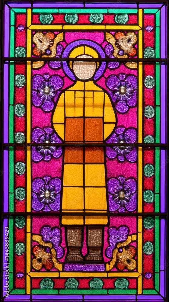 Vibrant stained glass depiction of a figure. Vibrant stained glass depiction of a figure.