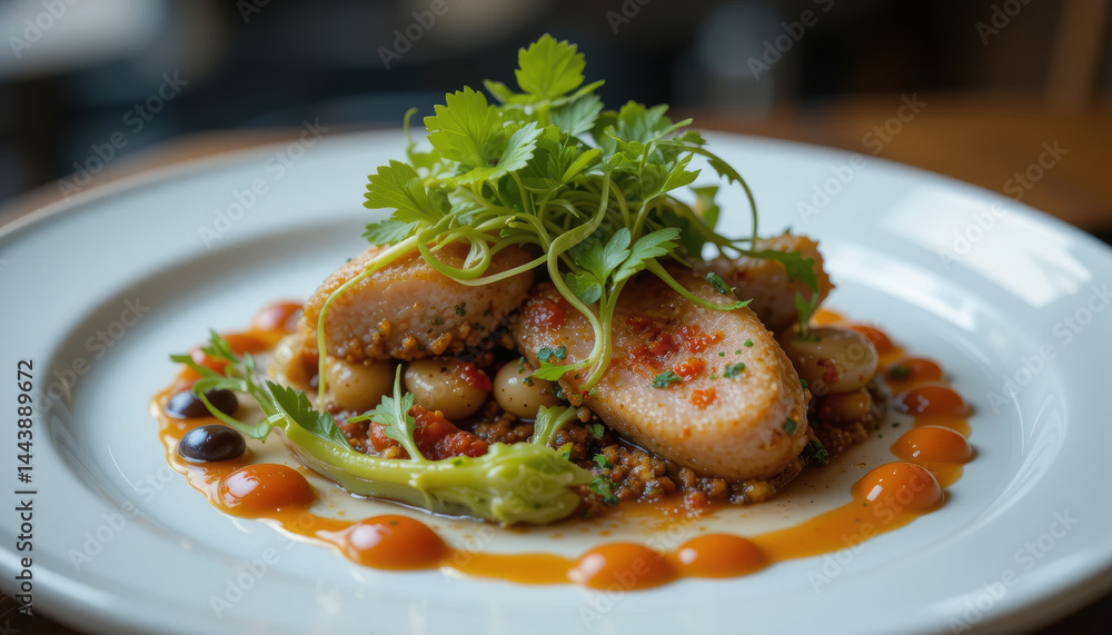 Delicious gourmet dish featuring salmon, herbs, and vibrant sauces, beautifully plated for elegant dining experience