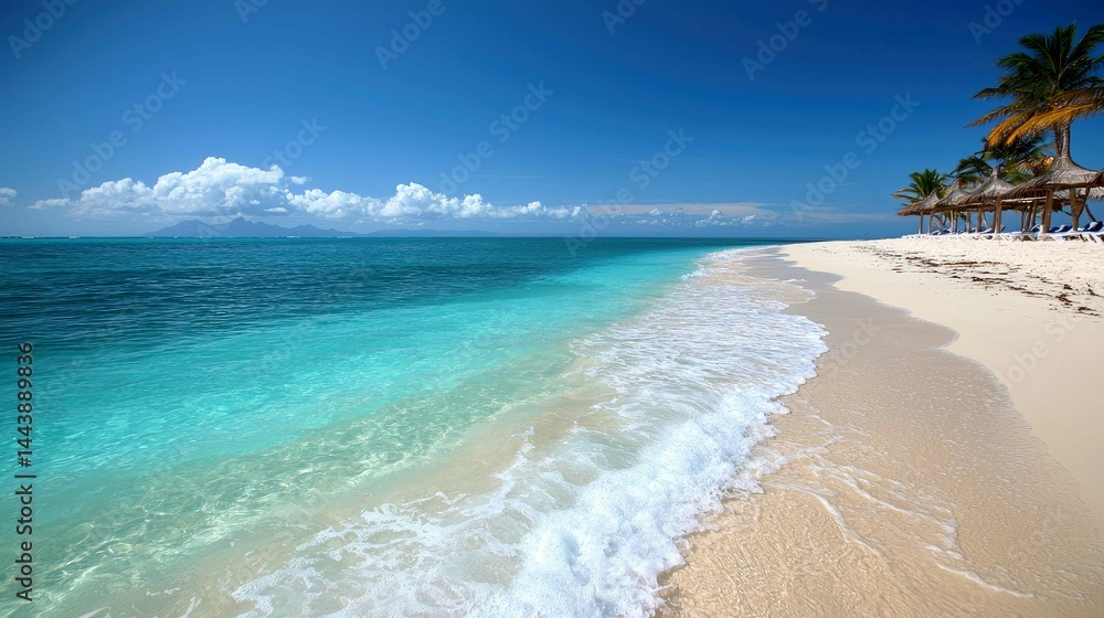 Fototapeta premium Stunning Tropical Beach: Azure Waters, White Sand, and Palm Trees