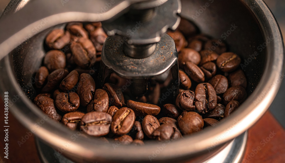 Closeup of artisanal coffee beans vintage grinder, showcasing their rich texture and color. scene evokes warmth and nostalgia