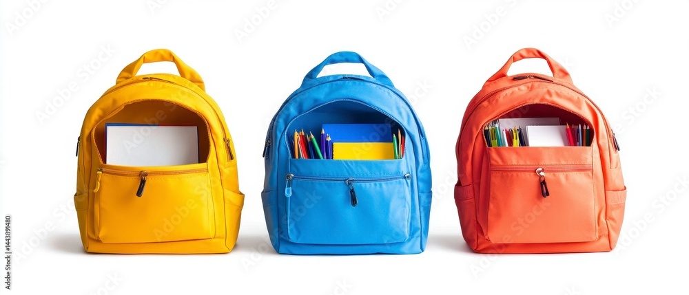Fototapeta premium Three Colorful Backpacks Filled with School Supplies on White Background
