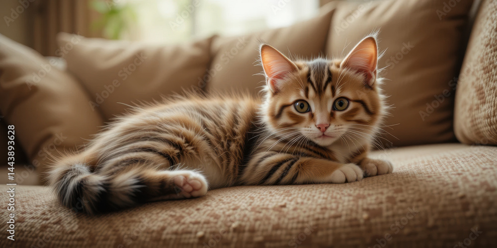 Cute striped kitten lounging on cozy sofa, exuding playful and curious demeanor