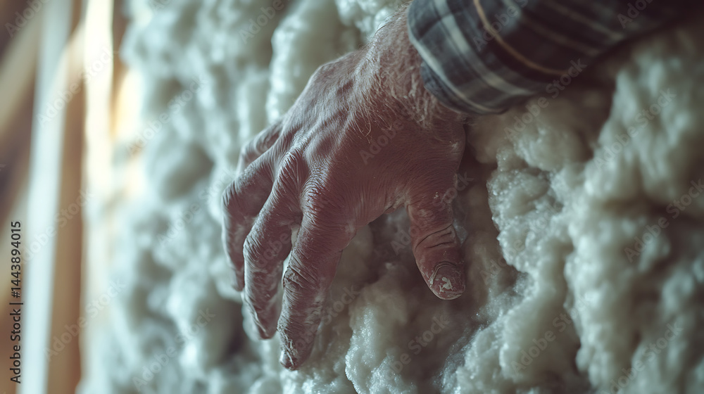 Obraz premium Hand Touching Insulation Material in Attic