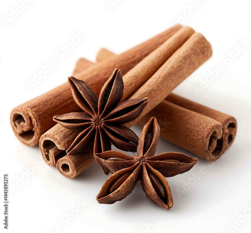 On a white background three cinnamon sticks and one star anise lie together in front of them creating a realistic effect The stars inside these star anise pods are in sharp focus wi