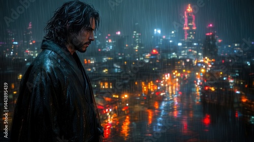 Rainy city, brooding figure